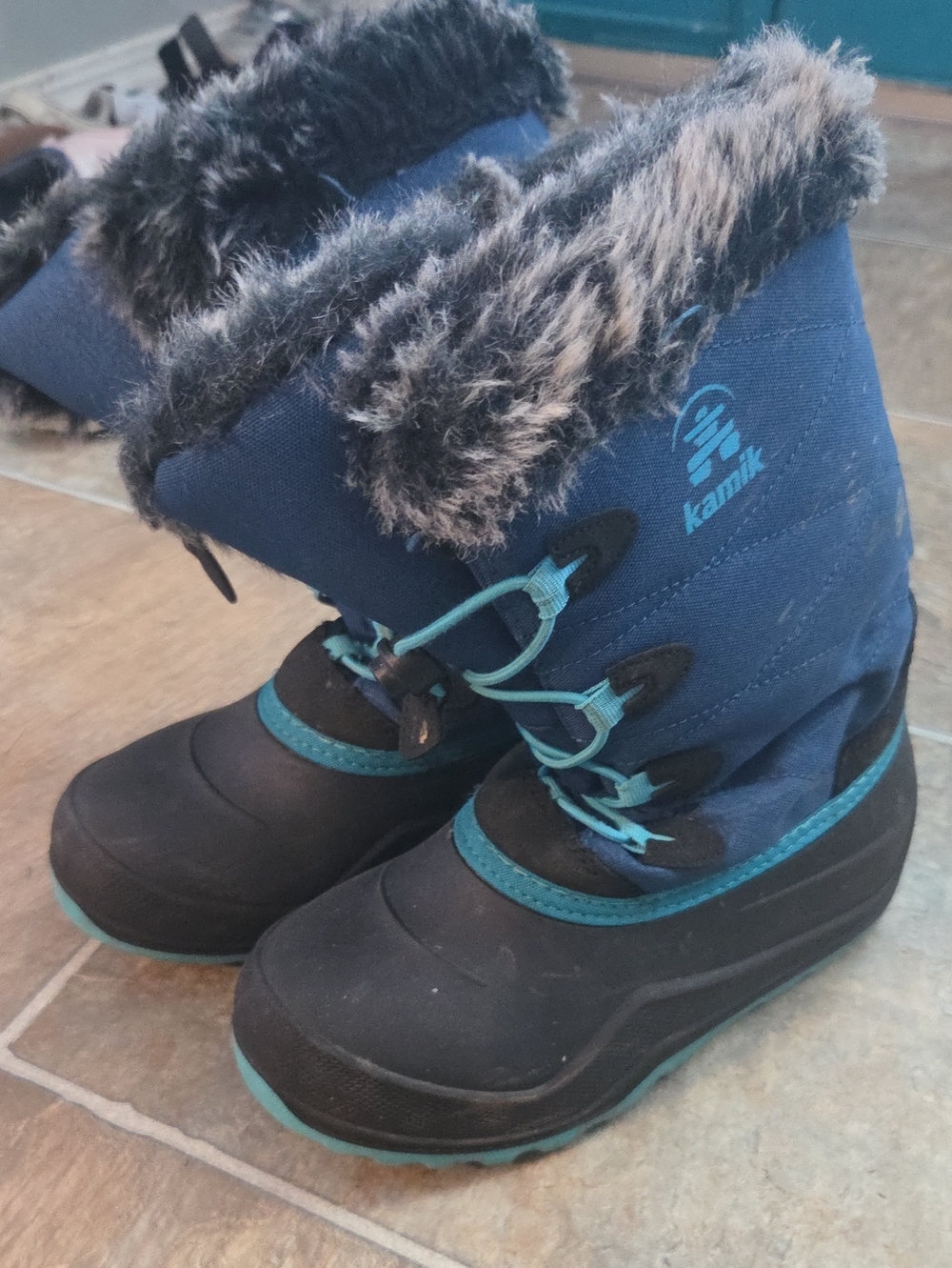 Kamik Navy and Teal Kids Winter Boots with Faux Fur Cuff
